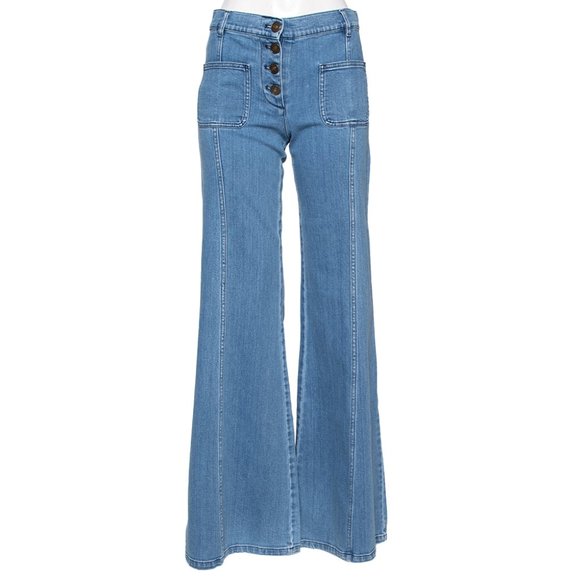 * Chloe Sz 6 / 38 Denim Flared Jeans Bell Bottom Button Fly Patch Front Pocket - Picture 3 of 15